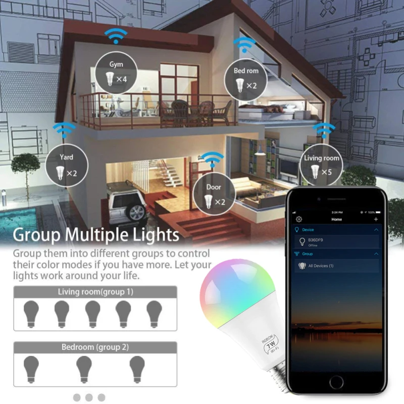 Волшебная 7 Вт E27 RGB wifi Светодиодная умная лампа, таймер, светильник, беспроводная домашняя Автоматизация, 85-265 в лампа, совместимая с ALexa Google Home