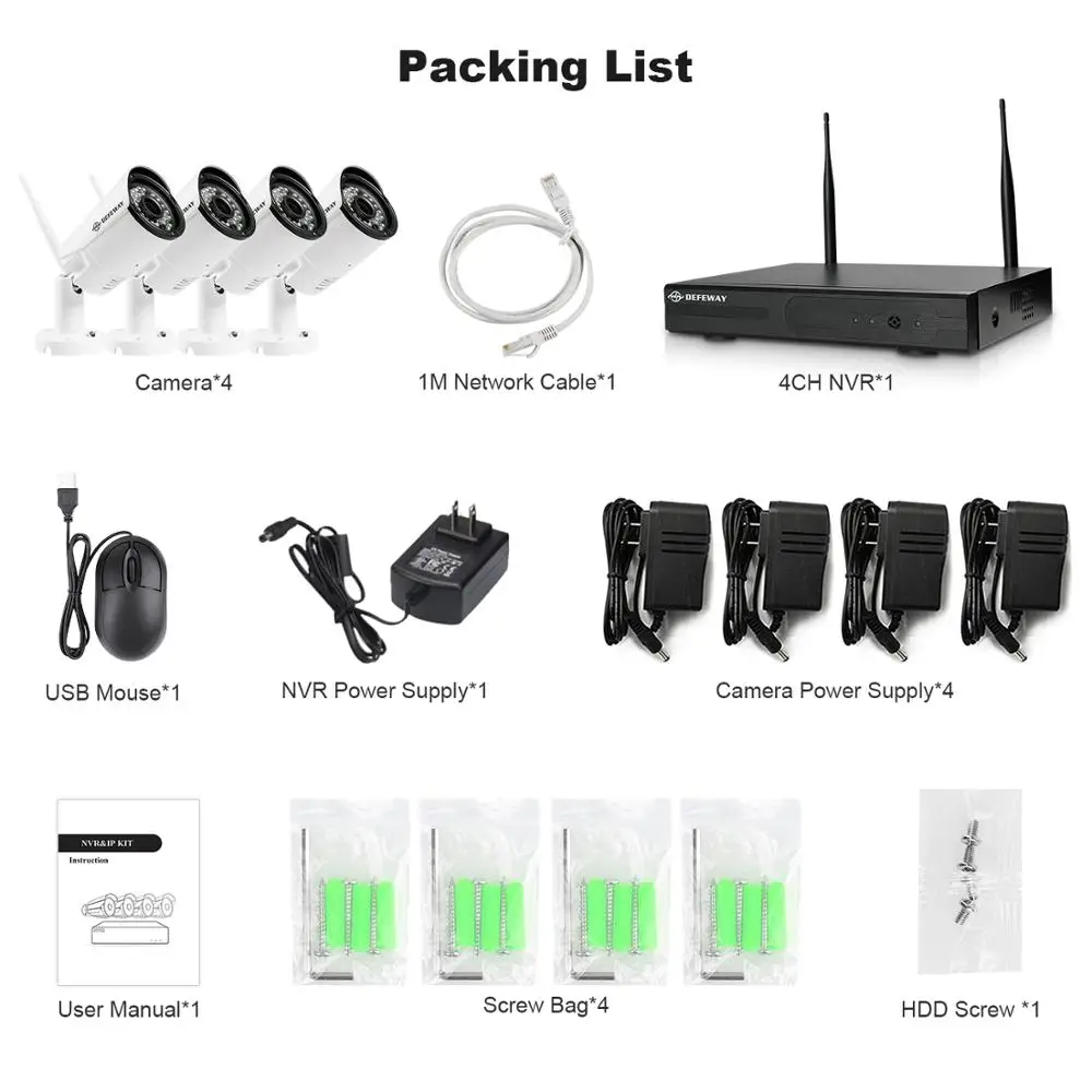 DEFEWAY H.265 + 4CH 1080P HD WiFi NVR 4 шт. 2.0MP ИК наружная CCTV Беспроводная IP камера безопасности P2P