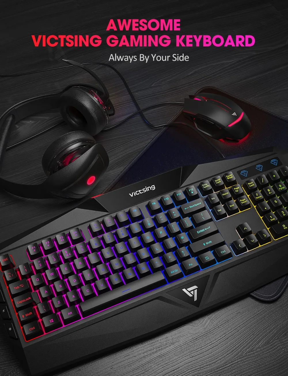 VicTsing PC225 Gaming Keyboard Rainbow LED Backlit Wired Membrane keyboard With Mechanical Feeling Ergonomic Design 112 Keycaps (6)