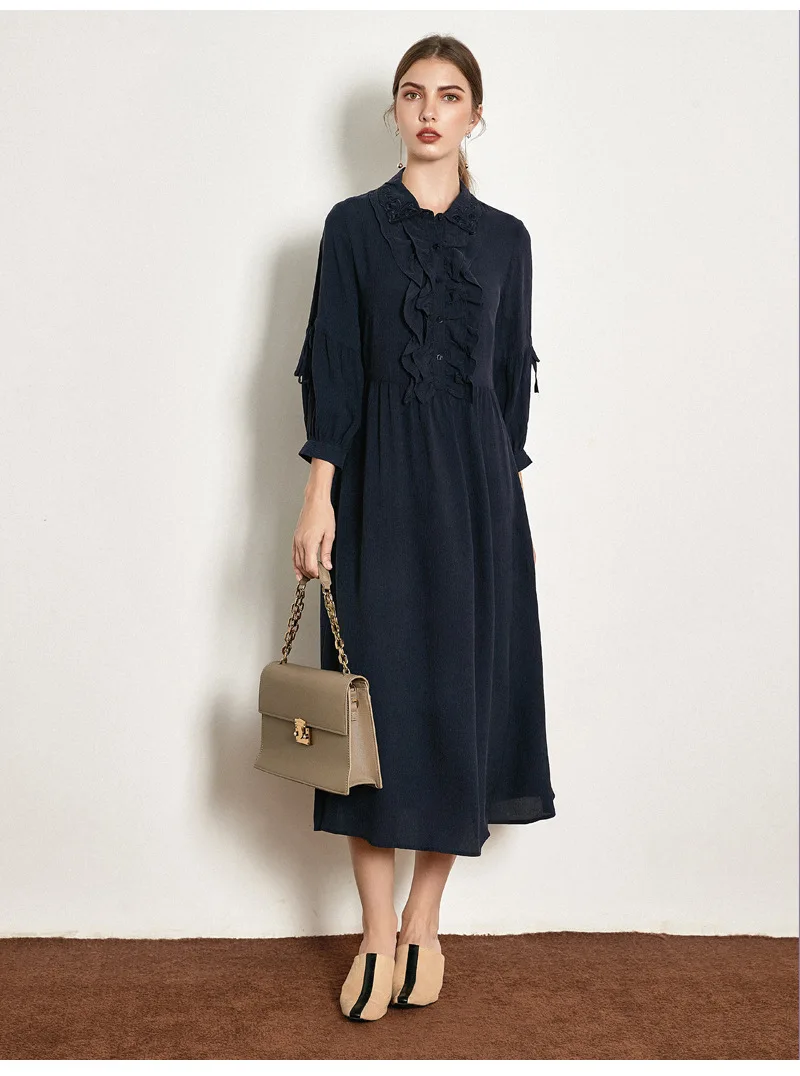 navy real silk dresses women natural silk high quality girls work boho shirt dress loose elegant plus size long sleeve