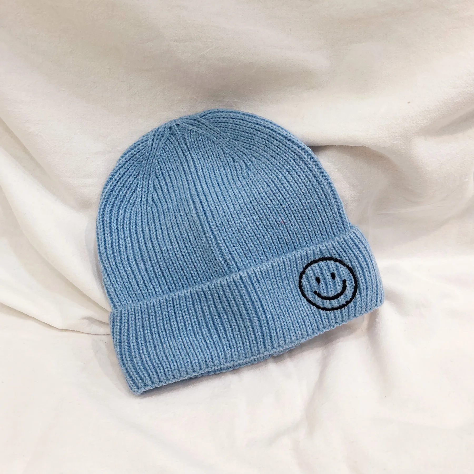 Новинка, детская вязаная шапка со смайликом, новые зимние леденцы, цветной, чистый цвет, шапка, вязаные, осенне-зимние теплые шапки - Цвет: blue