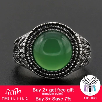 

Men Ring 925 Sterling Silver Round Shape Green Natural Stone Similar to Owl Pattern Vintage for Women Men Lovers Jewelry