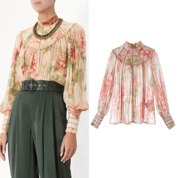 

New wooden ear edge fashion vertical collar long sleeve printed shirt Lantern Sleeve loose jacket G0747