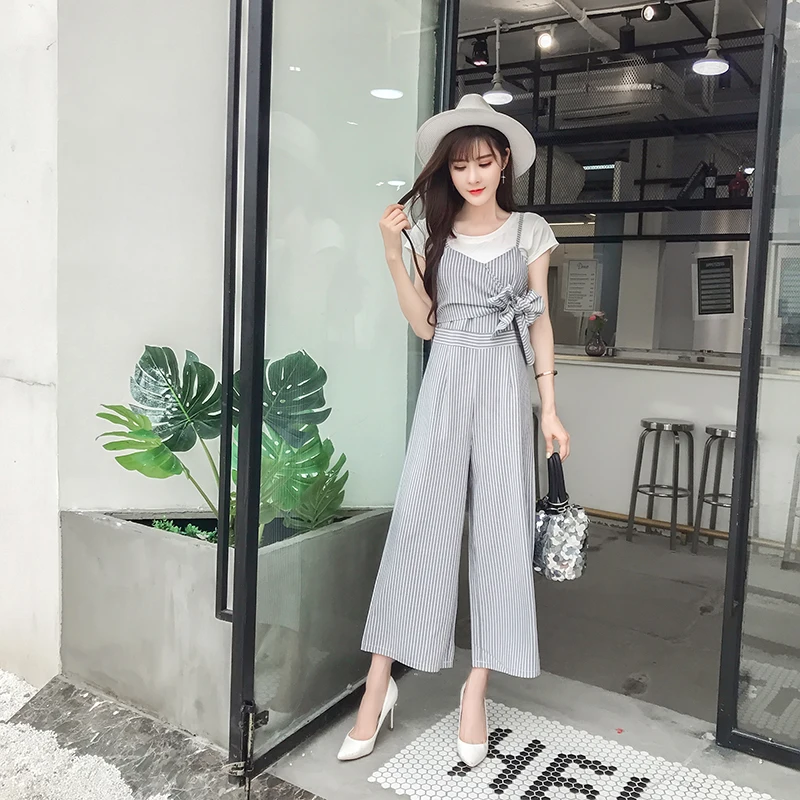 Летний Повседневный женский комбинезон без рукавов в полоску с ремнем широкими