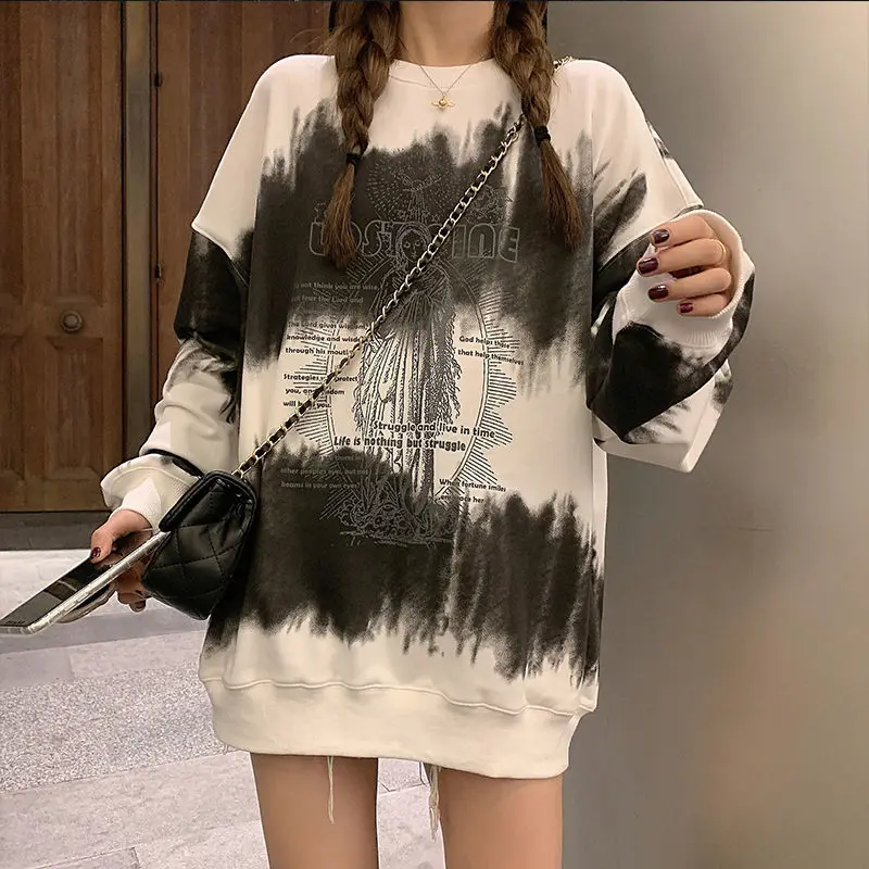 

Топы tie-dye, американская уличная одежда, Женский свитшот средней длины, новинка зимы 2020, свободные толстые женские худи из бархата в стиле Харадзюку