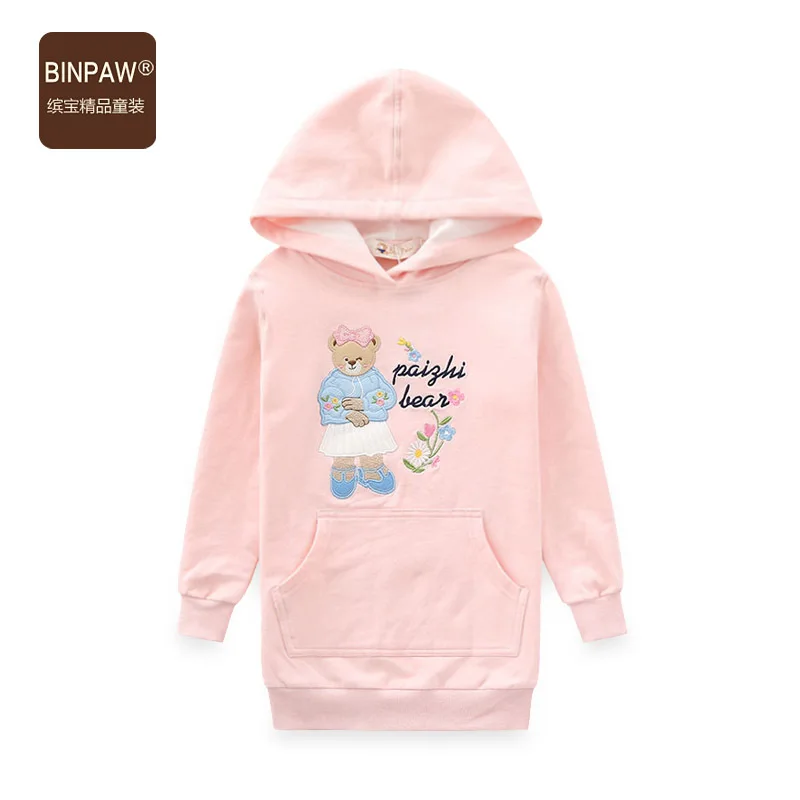 Стиль Осенняя одежда для девочек с капюшоном и длинными рукавами, BINPAW корейско-Стиль для больших мальчиков с вышитым медведем пальто с капюшоном