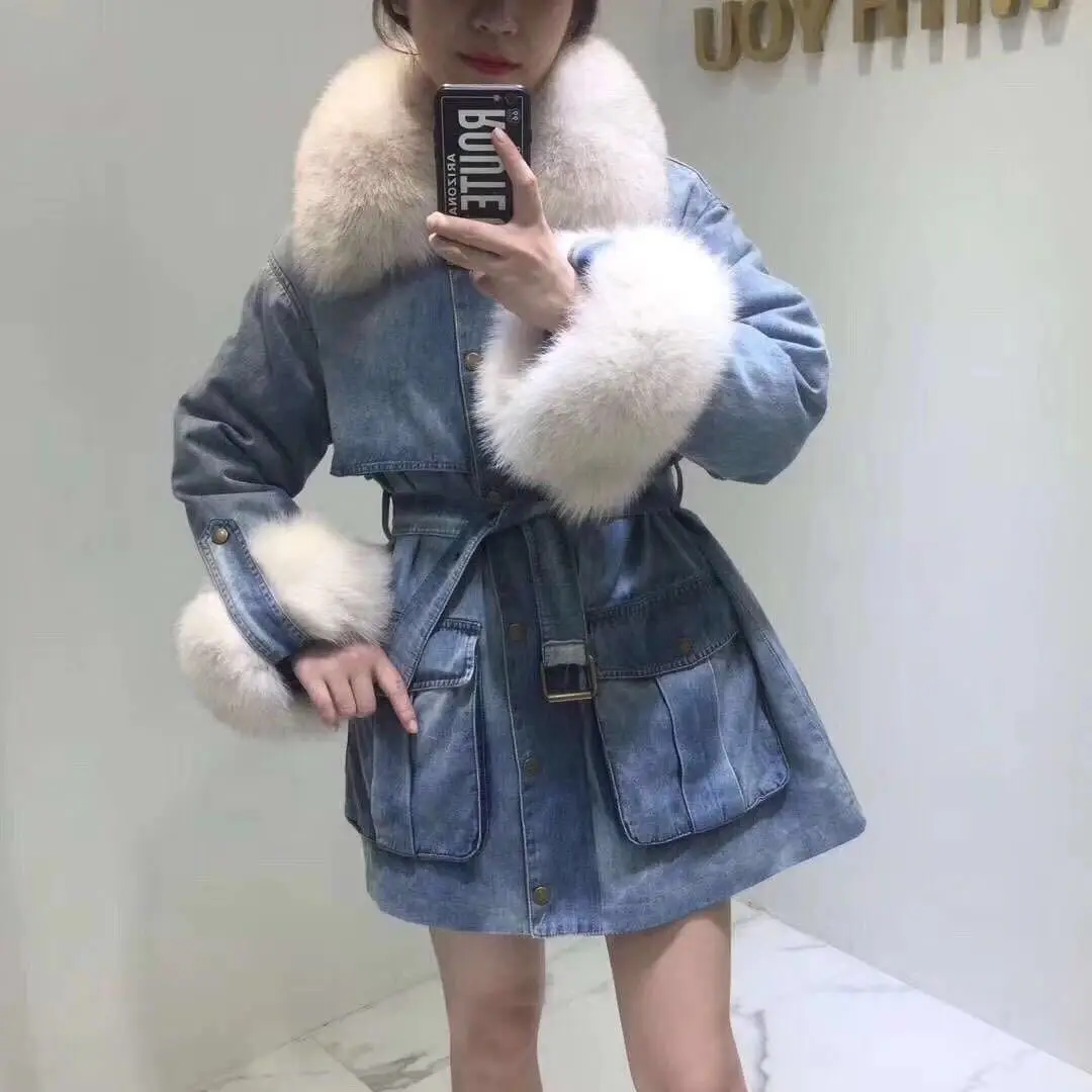New Style Hot Selling Korean-style Jeans Coat Inner Wearing Removable Shoulder Fox Fur Collar down Jacket Women's Mid-lengt