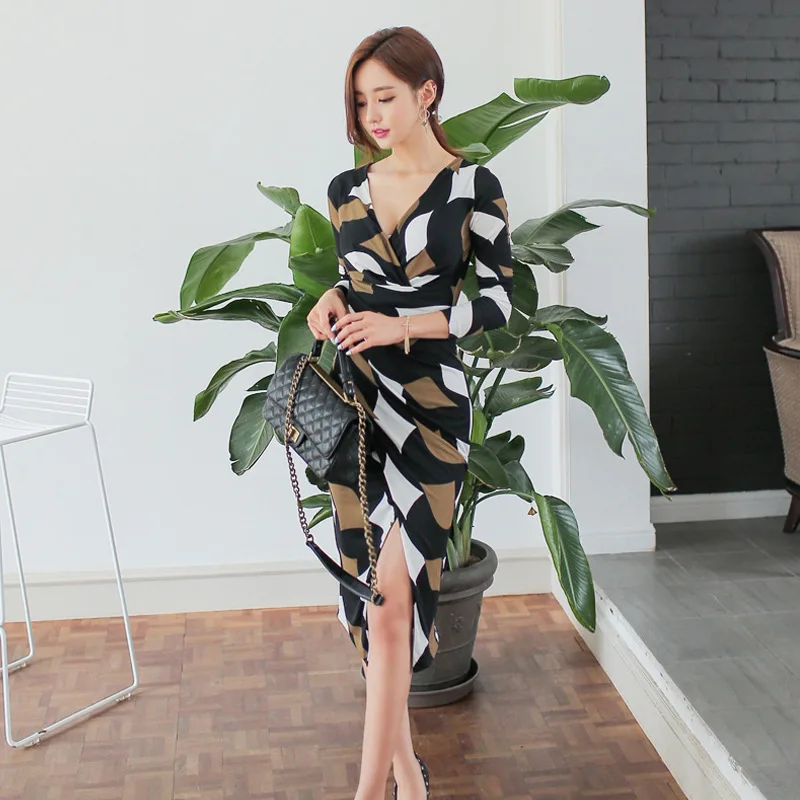 

Autumn-Dress Long Sleeve Long Skirts Printed Slim Fit Tight-Fit Sheath Elegant Debutante-WOMEN'S Dress Feminine