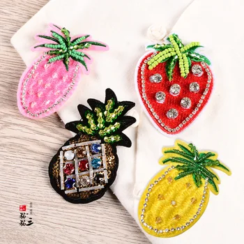 

beaded embroidery patch pineapple strawberry cartoon patches for hats bag badges applique patches for clothing GU-1235