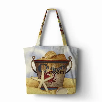 

Ocean Starfish Beach Sand Print Ladies Linen Handbag shopping Tote Home Storage Casual Traveling Bag Folding Reusable Pouch