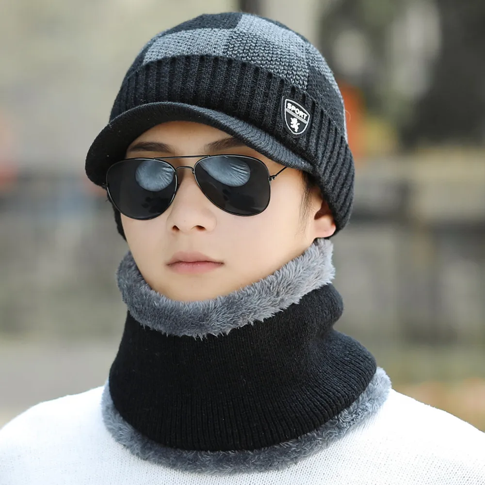 New Men Add Fleece Lined Winter Hat Wool Warm Knitted Hat Set Thick Soft Stretch Winter Hats For Men Leisure Beanie Cap 2
