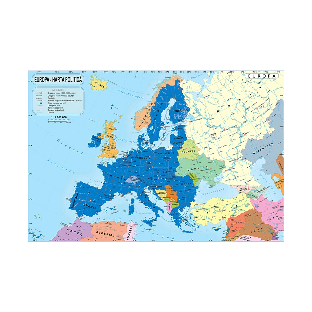 59x42cm Canvas Europe Map In Romanian Decorative Map of Europe Posters Bar Decoration Wall Sticker Room Home Office Supplies