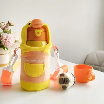 

500ml Cartoon Cute Thermos for Childen with Straw Mug Portable Plush Cover Baby Stainless Steel Thermos Flask Cup Water Bottle