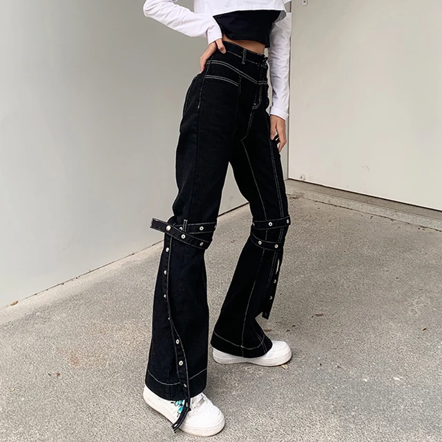 Hip hop black jeans with white strips