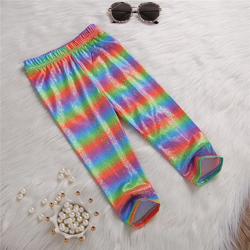 CANIS children's long pants kids girls striped rainbow printed pants casual outfits children cotton blended blink clothes