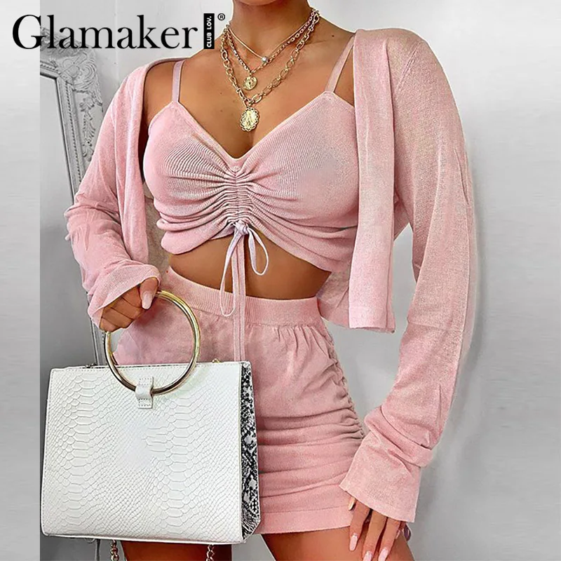Комплект из трех предметов Glamaker розовый короткий комбинезон женский сексуальный