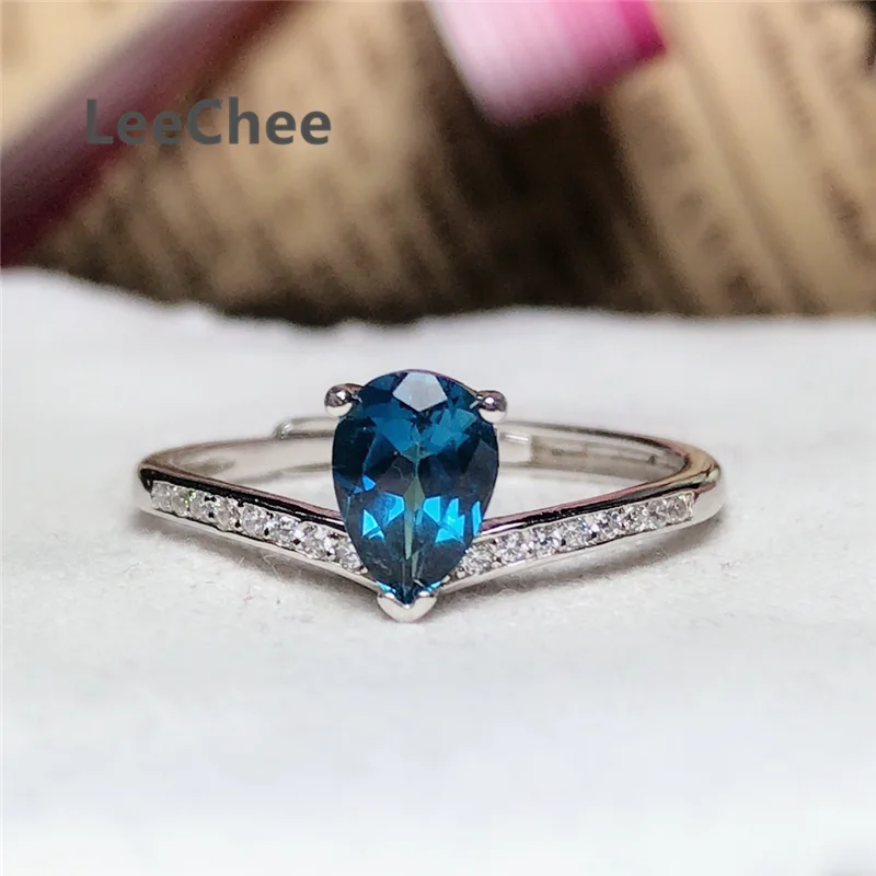 

LeeChee Topaz Ring Drops 5*7MM Natural London Blue Topaz For Young Girl Birthday Gift Fashion Jewelry Real 925 Sterling Silver