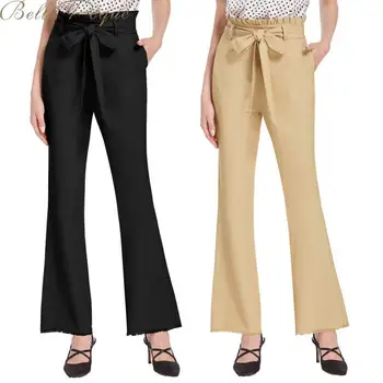 

Belle Poque Women Wide Leg Pants Ruffle High Waist Pants With Belt Female Flare Pants Casual Black Khaki Trousers Women Spring