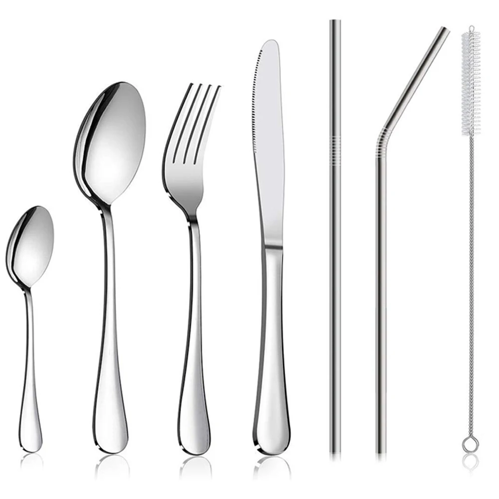 

7Pcs Flatware Cutlery Set Portable Stainless Steel Kit Fork Spoon Straw Cleaning Brush UD88
