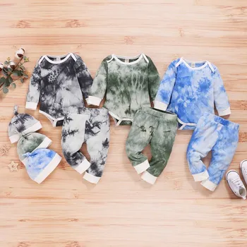 

2020 Autumn Baby Girl Boy Tie Dye Printed Long Sleeve Cotton Romper Tops+Pants+Hat Casual Costume Set New Arrival