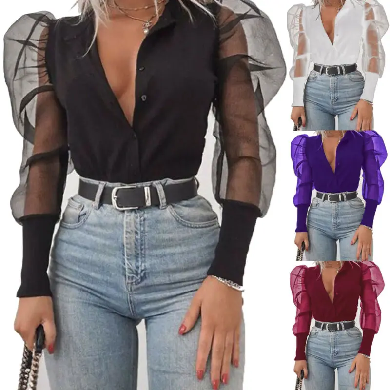 

hirigin Women Casual See through Sheer Mesh Patchwork Button Solid color Puff Long Sleeve T-shirt Tops T Shirt
