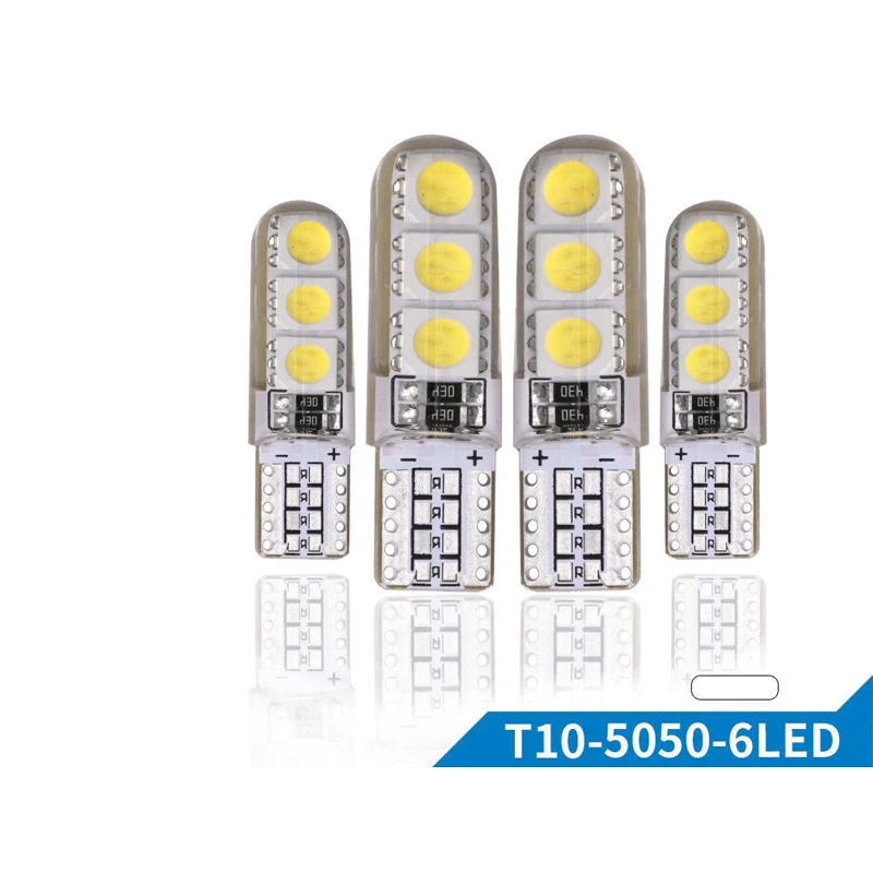 

10PCs Car LED T10 Bulbs 12V 5050 6 SMD White Silicone W5W 194 Park Light Auto Trunk Lights Interior Dome Reading Door Lamp Bulb