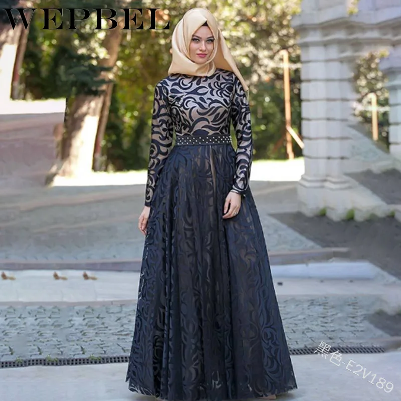 

WEPBEL Muslim Abaya Casual Full Sleeve Women Lace Floral Dress New Fashion Ladies Islamic Long Maxi Dresses