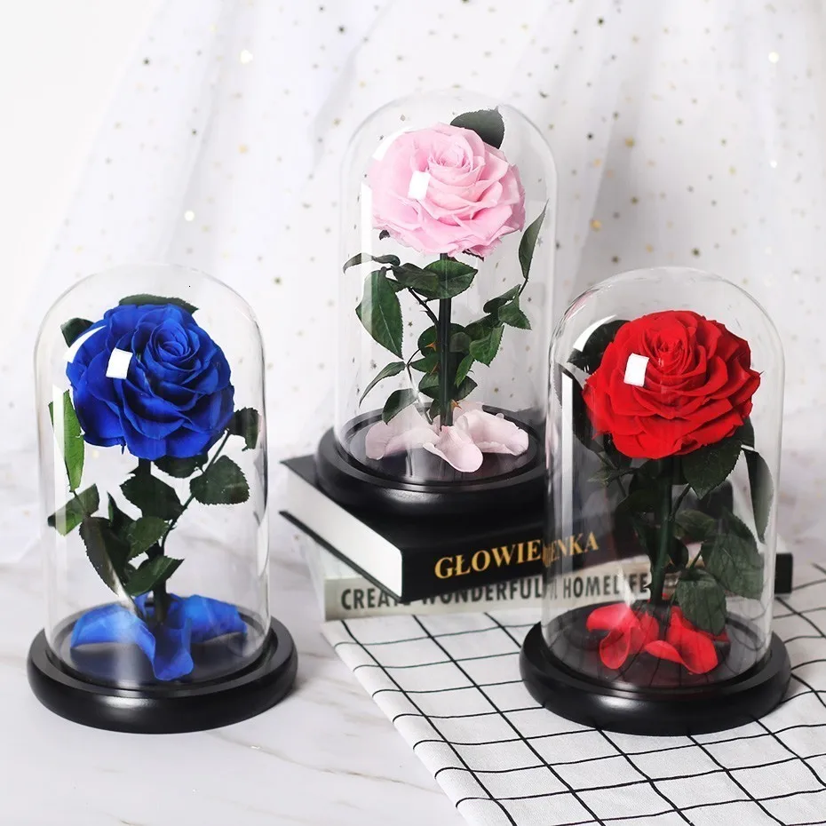 Красавица и Чудовище Forever Rose Flower консервированная бесцветная свежая роза в стеклянном куполе Свадебные украшения подарки на день Святого Валентина