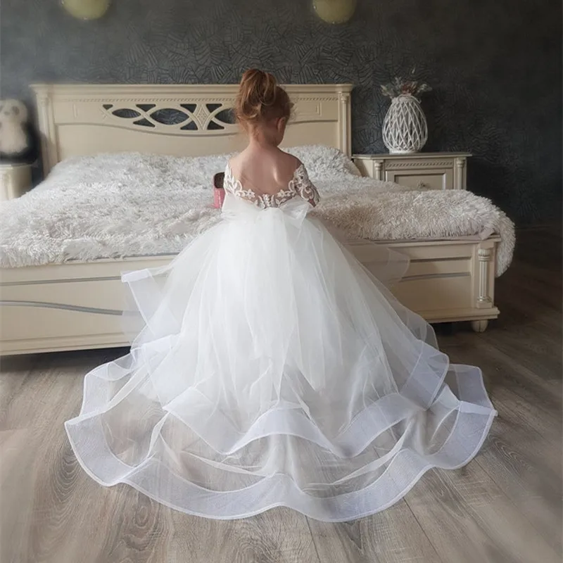 Ivory Lace Flower Girl Dresses with Long Train Tulle First Communion Toddler Birthday Princess Special Occasion Gowns