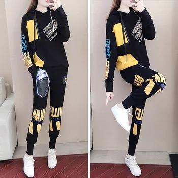 

Autumn and winter sports suit women 2019 new Korean version loose personality fashion temperament casual two piece suit fashion