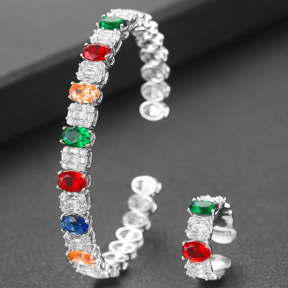 Multicolor GODKI, роскошный серебряный браслет, набор колец, Ювелирные наборы для женщин, свадьба, Саудовская Аравия, помолвка, brincos para as mulheres - Окраска металла: Multicolor