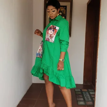 

Plus Size African Clothing 2020 Summer African Print Fashion Beauty Head Beading Shirt Blouse Dress Women Cotton Irregular Dress