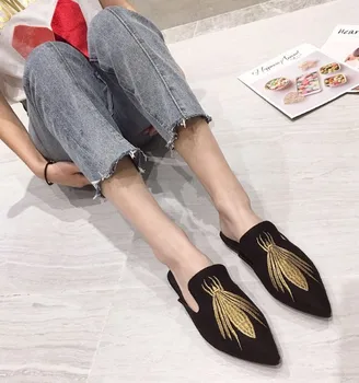 

Flat Shoes Female Mules For Women 2020 Ladies' Slippers Luxury Slides Pointed Toe Designer Cover Bonded Leather Fashion