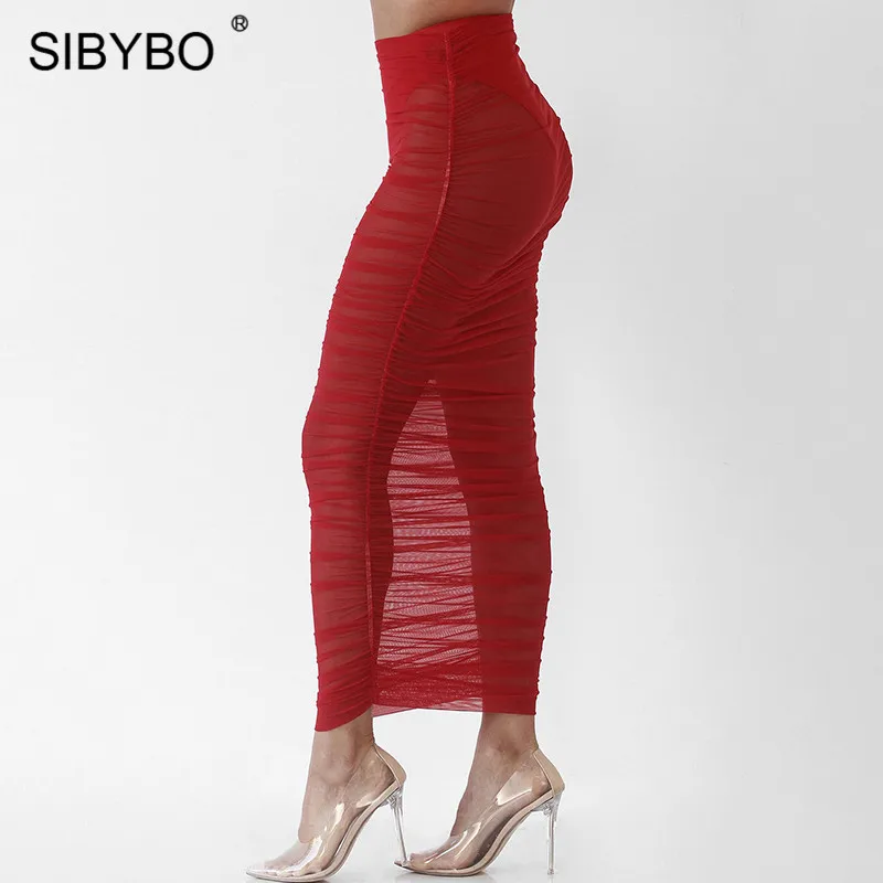 SIBYBO сетчатые прозрачные сексуальные юбки с высокой талией женские плиссированные обтягивающие длинная юбка-карандаш однотонная одежда для ночного клуба Женская юбка