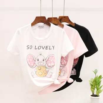 

Summer T Shirt Woman New Style Fashion Beads Sequin Cute Rat Printing Short Sleeve T-shirt Women's Loose-Fit Tops Cotton Tee