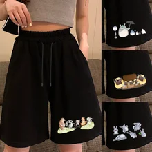 Pantalones cortos de verano para mujer, ropa informal, holgados, con cintura elástica, cordón de playa con bolsillo, estampado de dibujos animados, cómodos