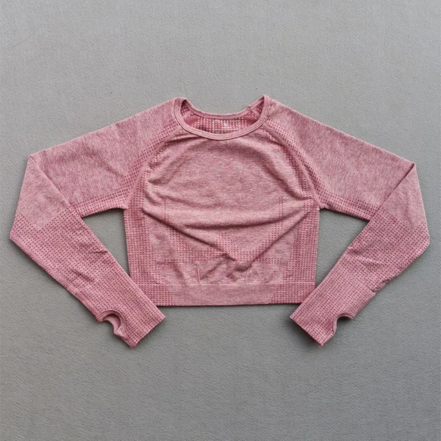 Pink top Женский бесшовный комплект для йоги, тренировочная одежда для спортзала, укороченный Топ с длинным рукавом для фитнеса, бесшовные леггинсы с высокой талией, спортивный костюм из 2 предметов - Цвет: Pink top