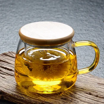 

350ML Filter Tea Cup Glass with bamboo and wooden lid Japanese style hammer pattern teacup Yellow handle Tea set