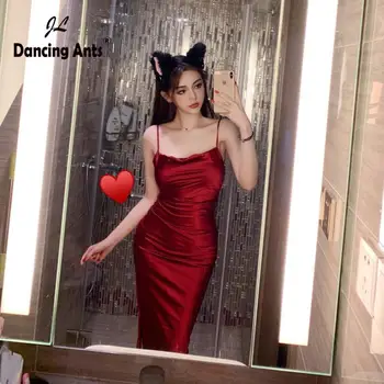 

Woman Pencil Dress Spaghetti Straps Square Collar Sexy Vestidos Solid Side Slit Female Mid-calf Dresses For Party 2020 Summer