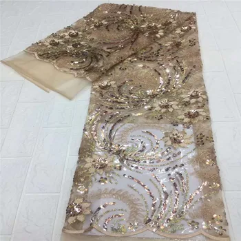 

2020 Wholesale luxury quality African chiffon lace fabric with sequins 5 yards golden sequins lace fabric