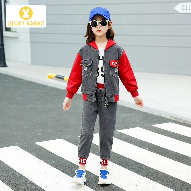 3PCS-J002-R Комплекты курток для мальчиков и девочек, джинсовая одежда из 3 предметов для подростков, детская одежда, куртка+ джинсы+ рубашка с длинными рукавами, осенне-зимнее пальто - Цвет: 3PCS-J002-R