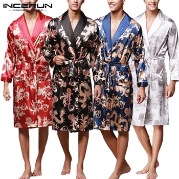 

INCERUN 2020 Men Pajamas Robes Faux Silk Long Sleeve Kimono Bathrobe Chinese Style Printed Sleepwear Cozy Nightgown Men Homewear