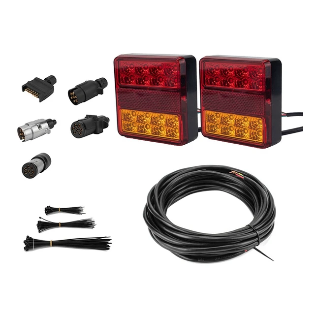 Pair Square Trailer Lights, 1 x Plug, 8m x 5 Core Wire Kit Rewire