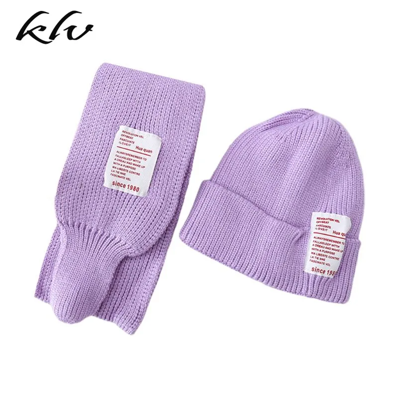 Комплект из 2 предметов; детская зимняя шапка; длинный шарф; яркие цвета; шапка с нашивкой и надписью - Цвет: 5