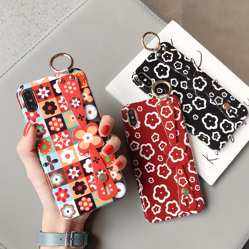 

XBXcase Soft Wrist Strap Case For iPhone XR X XS Max Vintage Flower Case for iPhone 8 6 6S 7 Plus 11 Pro Hand Band Stand Cover