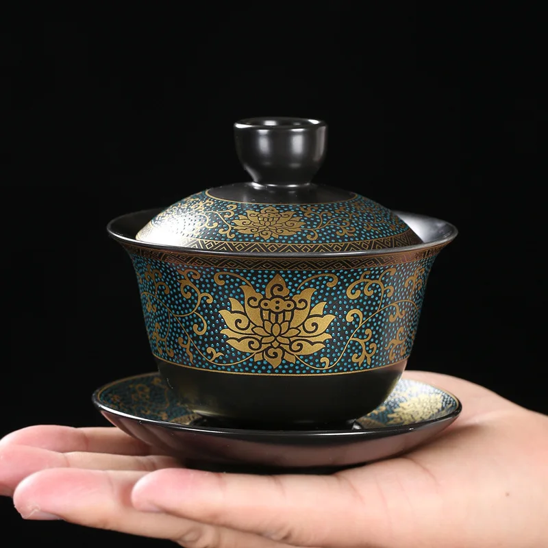 Chinese Teaset Classical Gaiwan Tea Cups Black Clay Tureen 180ml Lid Bowl Saucer Traditional Handmade Tea Brew Cup
