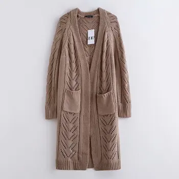 

female 2019 new khaki long cardigan wool coat ladies fall shoulder open pocket casual retro long sweater jacket