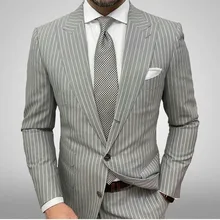 Costume à rayures grises pour hommes, veste avec poches, 2 pièces, smoking Simple, marié, mariage, mode hommes d'affaires, manteau formel