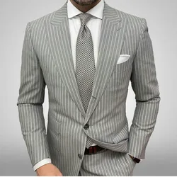 Grey Stripe Men's Suit Set Jacket with Pockets 2 Pieces Tuxedo Simple Groomsmen Wedding Fashion Men Business Blazer Formal Coat
