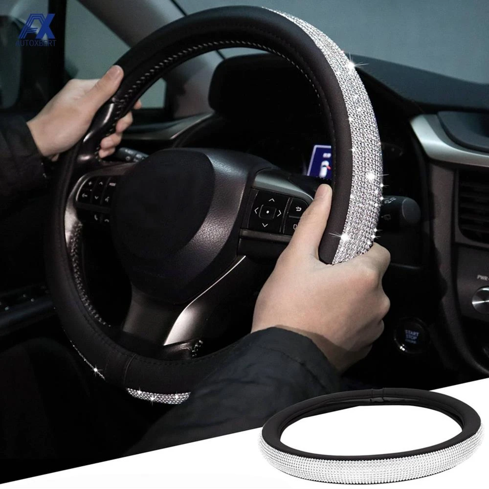 36CM/38CM PU Leather Diamond Steering Wheel Cover Rhinestone Crystal Bling For VW Opel Toyota Nissan Ford Car Accessories